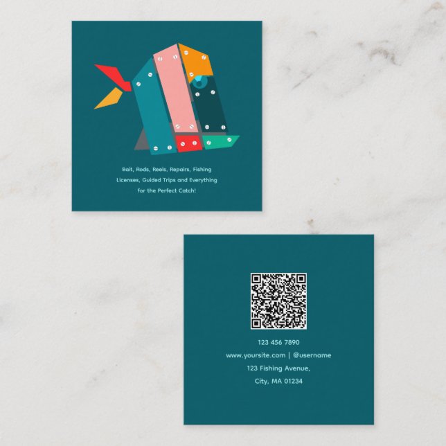 Modern Fishing Business Card with QR Code Quadratische Visitenkarte (Vorne/Hinten)