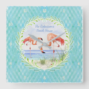 Modern Flamingo Beach Ocean Sand Shore Aqua Blue Quadratische Wanduhr