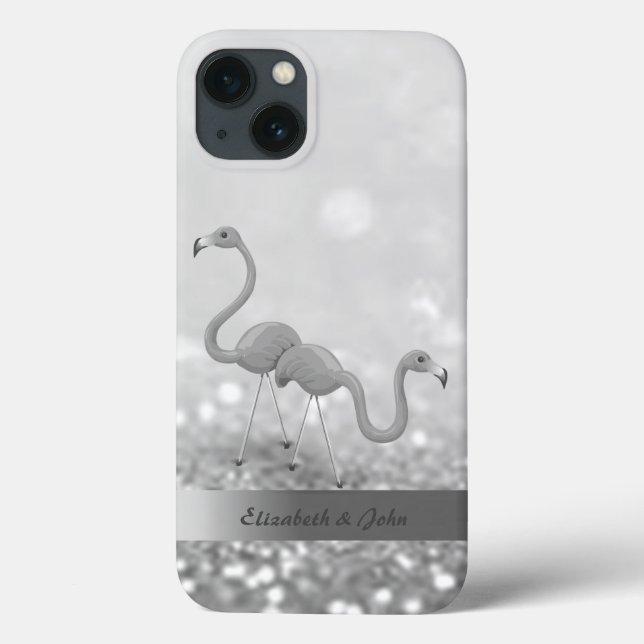 Modern Flamingos Silver Glitzer Bokeh Case-Mate iPhone Hülle (Rückseite)