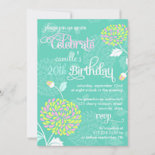 Modern Floral Aquamarin & Pink Extravagant Geburts Einladung