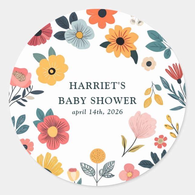 Modern Floral Baby Shower Runder Aufkleber (Vorderseite)