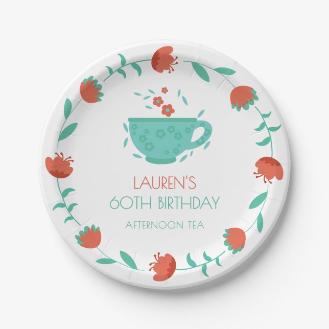 Modern Floral Birthday - Tea Party Paper Plate Pappteller (Vorderseite)