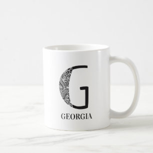 Modern Floral Black and White Initial G and Name Kaffeetasse