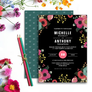 Modern Floral Black   Pink   Teal Wedding Einladung
