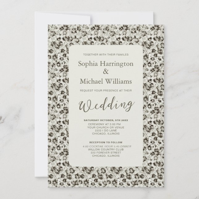 Modern Floral Black & White Wedding Invite QR Code Einladung (Vorderseite)