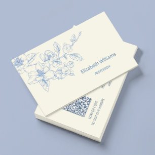 Modern Floral Blue Cream Magnolia QR-Code Visitenkarte