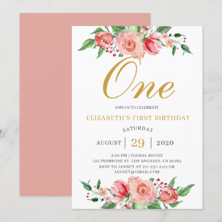 Modern Floral Blush Pink Gold Wasserfarbe Geburtst Einladung