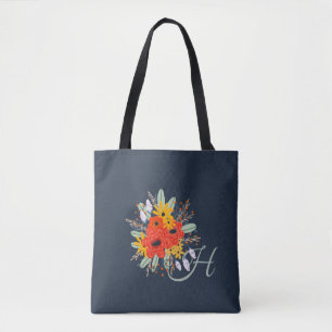 Modern Floral Bouquet Monogram Blue