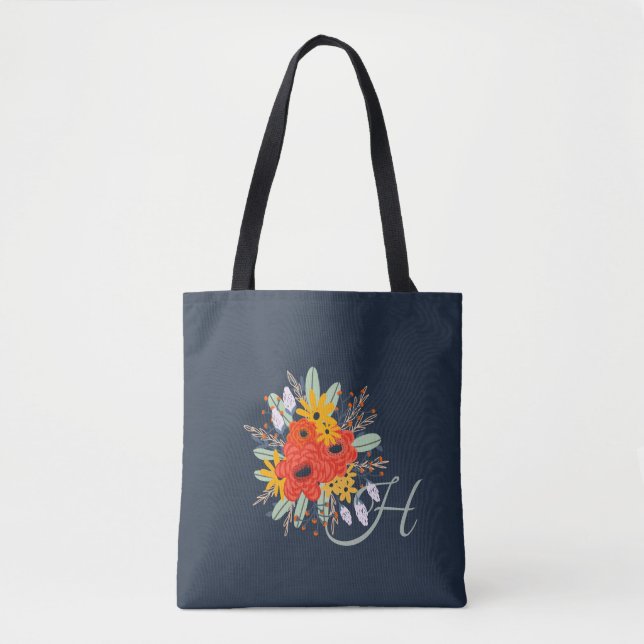 Modern Floral Bouquet Monogram Blue (Vorderseite)
