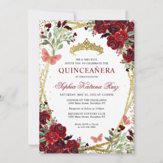 Modern Floral Burgundy Red Gold Tiara Quinceañera Einladung
