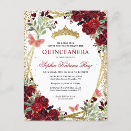 Modern Floral Burgundy Red Gold Tiara Quinceañera Postkarte