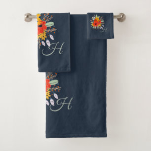 Modern Floral Burnt Orange Bouquet Monogram Blue Badhandtuch Set