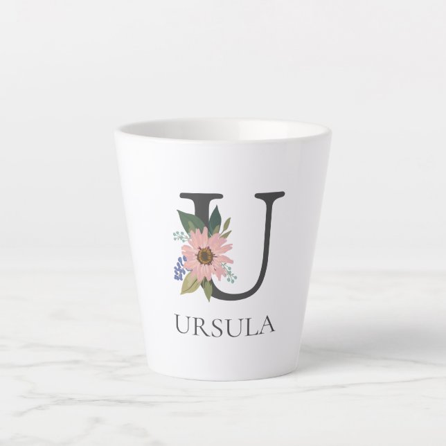 Modern Floral Customizable Monogrammed Letter U Milchtasse (Vorderseite)