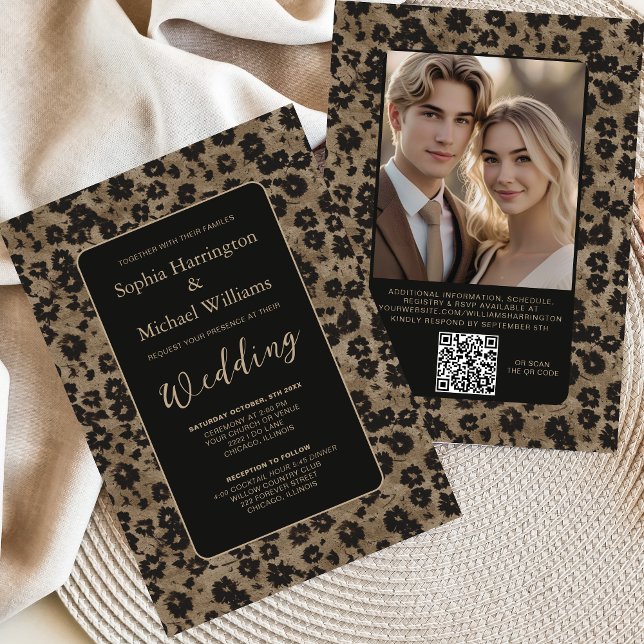 Modern Floral Elegant Black Wedding Invite QR Code Einladung (Von Creator hochgeladen)