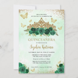 Modern Floral Emerald Green Gold Tiara Quinceañera Einladung