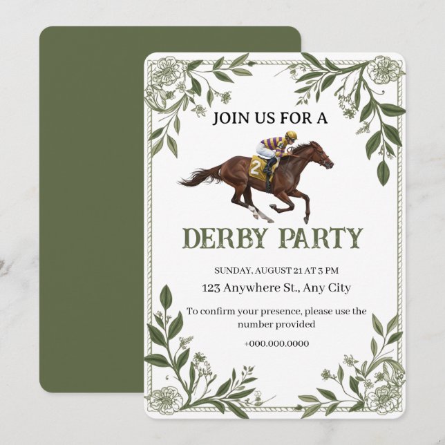 Modern Floral Equestrian Derby Invitation Einladung (Vorne/Hinten)
