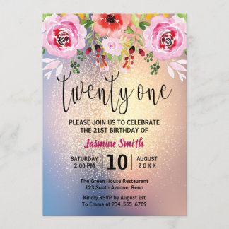 Modern Floral Gold Glitzer 21. Geburtstag Einladung
