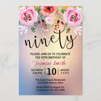 Modern Floral Gold Glitzer 90. Geburtstag Einladung