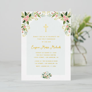 Modern floral gold text first communion folieneinladung