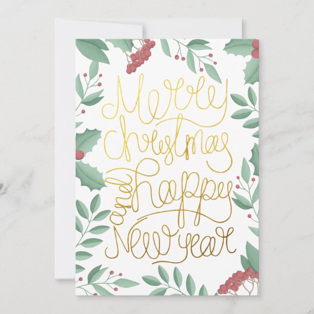 Modern Floral Gouache Gold Script Weihnachtskarte (Vorderseite)