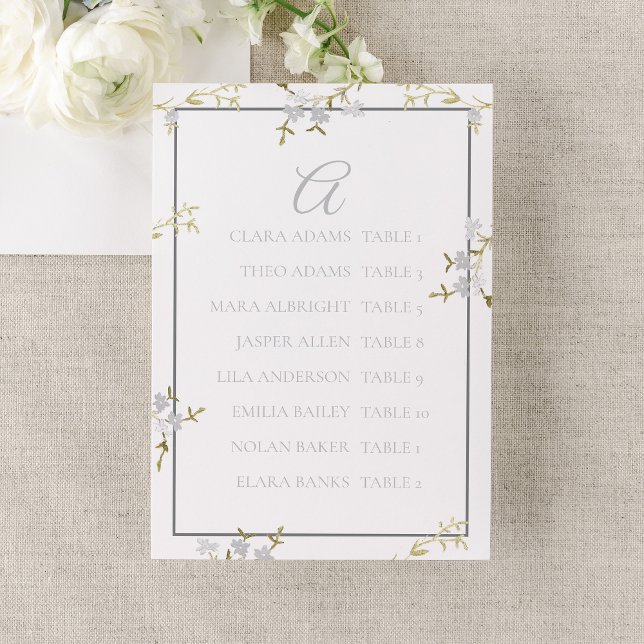 Modern Floral Grey Wedding Seating Chart Tischnummer (Von Creator hochgeladen)
