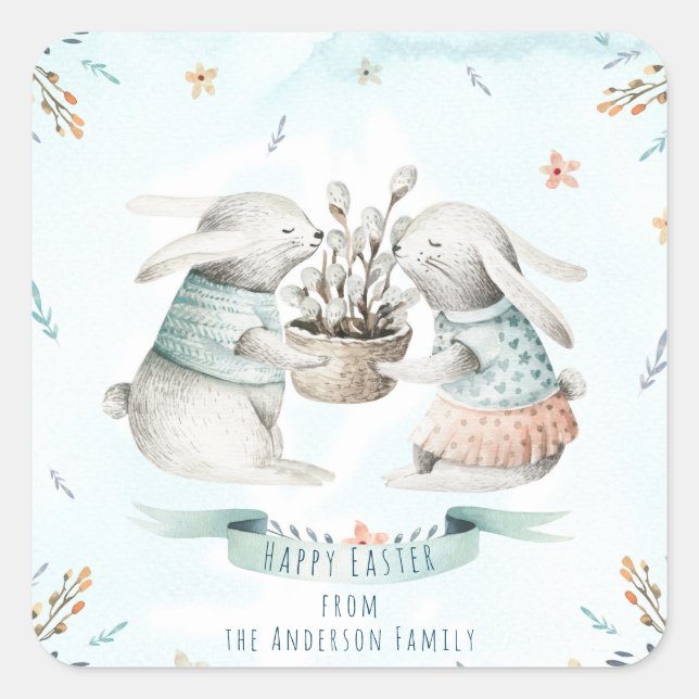 Modern Floral Happy Oaster wünscht Boho Bunny Quadratischer Aufkleber (Vorderseite)