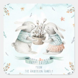 Modern Floral Happy Oaster wünscht Boho Bunny Quadratischer Aufkleber