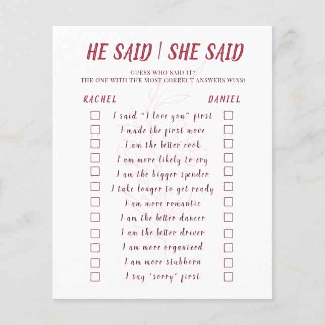 Modern Floral He Said She Said Bridal Shower Game Flyer (Vorne)