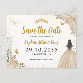 Modern Floral Light Gold Quinceanera Save the Date Postkarte