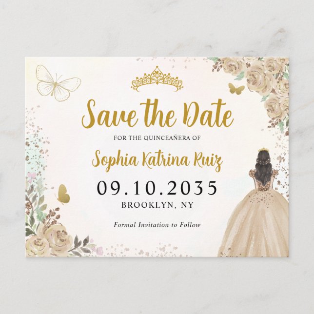 Modern Floral Light Gold Quinceanera Save the Date Postkarte (Vorderseite)