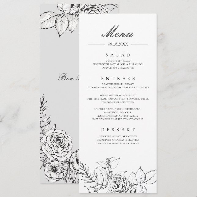 Modern Floral Line Zeichnend Hochzeitsmenü Einladung (Vorne/Hinten)