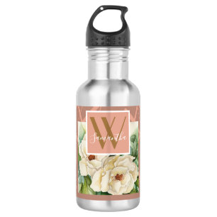 Modern Floral Magnolia Rose Gold Monogram Add Name Edelstahlflasche