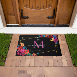 Modern Floral Monogram Black Fußmatte