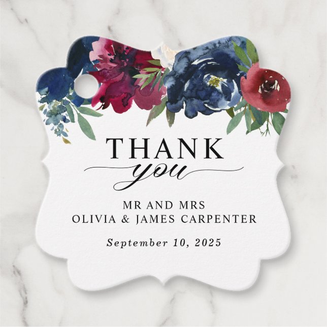 Modern Floral Navy Blue Burgundy Wedding Vielen Da Geschenkanhänger (Vorderseite)