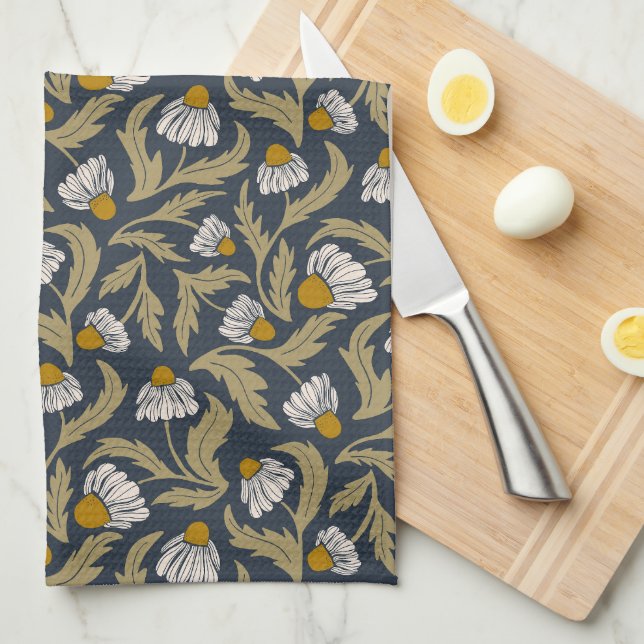 Modern Floral Navy Blue Coneflower Daisy Botanical Geschirrtuch (Viertel Falte)