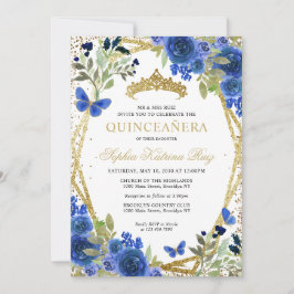 Modern Floral Navy Blue Gold Tiara Quinceañera Einladung