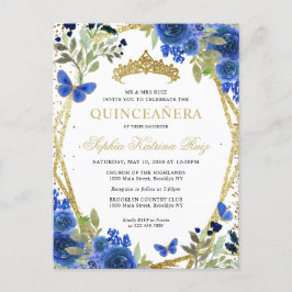 Modern Floral Navy Blue Gold Tiara Quinceañera Postkarte