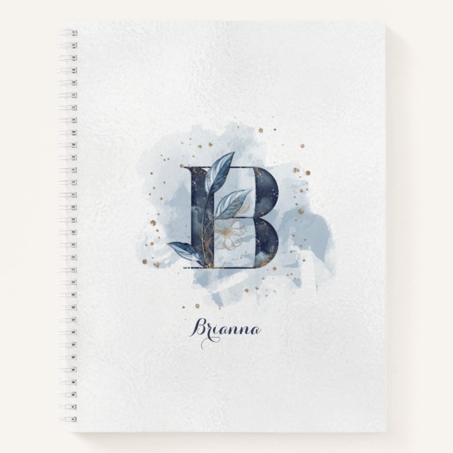 Modern Floral Personal Monogram Letter B Blue Gold Notizbuch (Vorderseite)