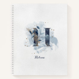 Modern Floral Personal Monogram Letter H Blue Gold Notizbuch