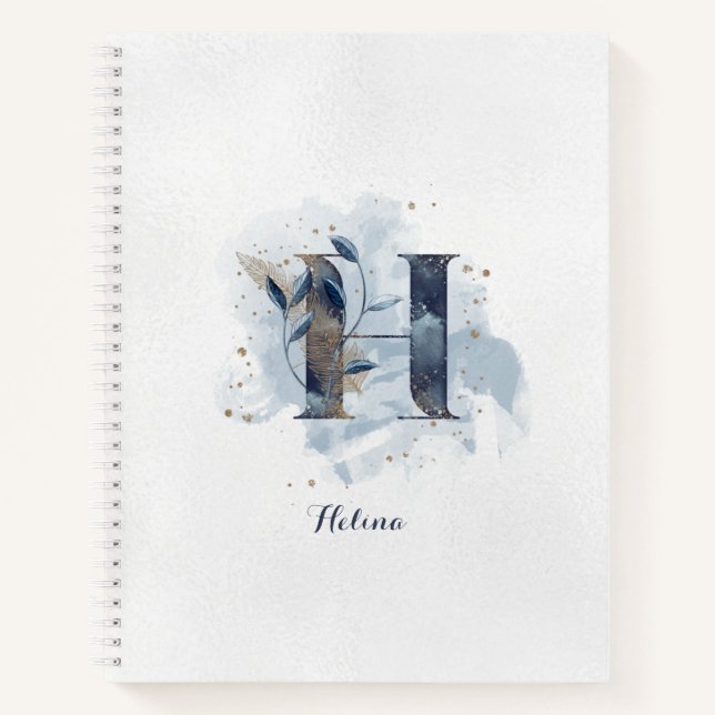 Modern Floral Personal Monogram Letter H Blue Gold Notizbuch (Vorderseite)