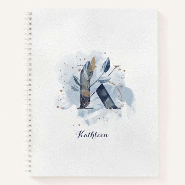 Modern Floral Personal Monogram Letter K Blue Gold Notizbuch (Vorderseite)