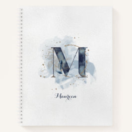 Modern Floral Personal Monogram Letter M Blue Gold Notizbuch
