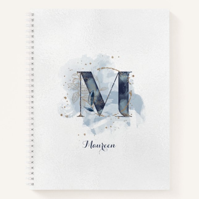 Modern Floral Personal Monogram Letter M Blue Gold Notizbuch (Vorderseite)