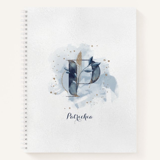 Modern Floral Personal Monogram Letter P Blue Notizbuch (Vorderseite)