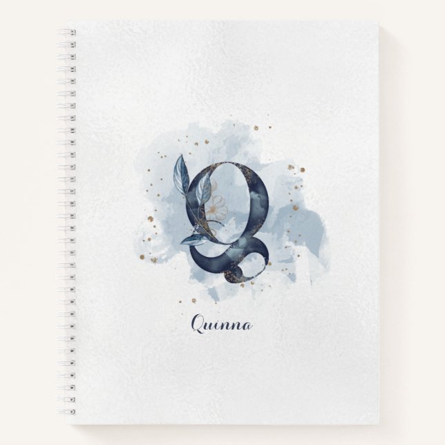 Modern Floral Personal Monogram Letter Q Blue Gold Notizbuch (Vorderseite)