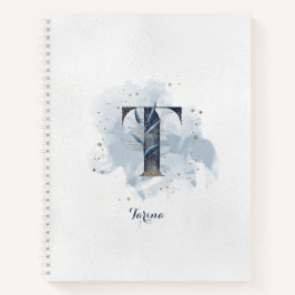 Modern Floral Personal Monogram Letter T Blue Gold Notizbuch