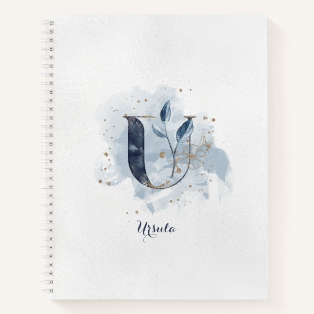 Modern Floral Personal Monogram Letter U Blue Notizbuch (Vorderseite)
