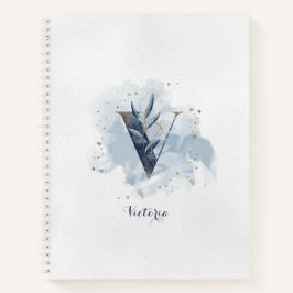 Modern Floral Personal Monogram Letter V Blue Gold Notizbuch