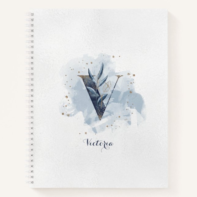 Modern Floral Personal Monogram Letter V Blue Gold Notizbuch (Vorderseite)