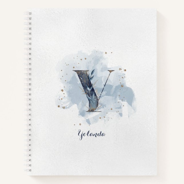 Modern Floral Personal Monogram Letter Y Blue Gold Notizbuch (Vorderseite)